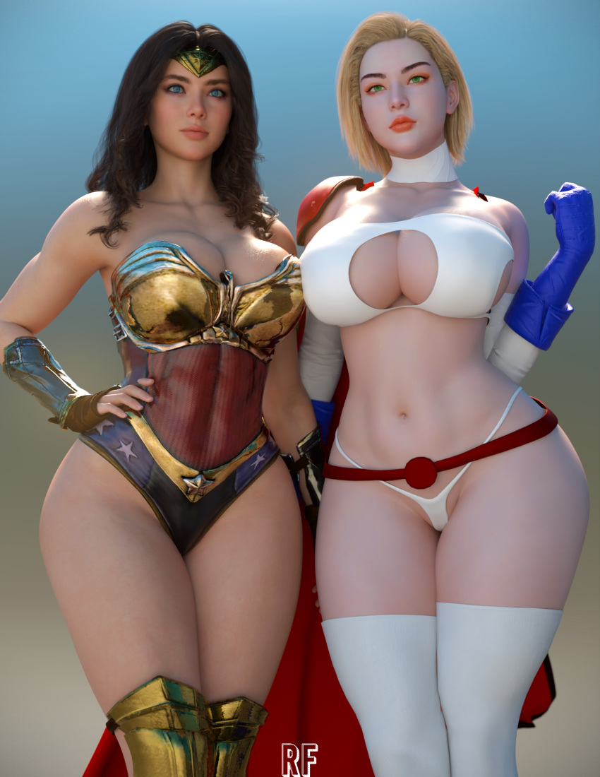 2girls 3d abs absurd_res anya_(rudefrog) barely_clothed barely_covered black_hair blonde_hair blue_eyes boob_window breasts cape cleavage dc dc_comics diana_prince exposed_torso female female_only g-string hi_res large_breasts light-skinned_female light_skin looking_at_viewer olive_skin original_character pale-skinned_female panties power_girl power_girl_(cosplay) rude_frog short_hair skimpy skimpy_armor skimpy_clothes slutty_clothing string_panties superheroine thick thick_thighs thighs thong thong_panties thong_underwear white_g-string white_panties white_thong wide_hips wonder_woman wonder_woman_(series)