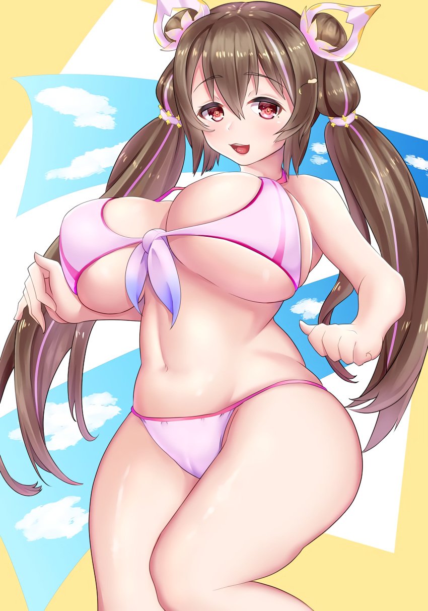 1girls beach bikini huge_breasts long_hair metana118 pink_bikini tagme