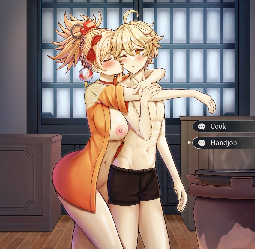 1boy abs absurdres aether_(genshin_impact) ahoge blonde_hair blush breasts choker closed_eyes female genshin_impact hair_ornament haori highres hug hug_from_behind japanese_clothes kissing kissing_cheek large_breasts naked_kimono nipples one_eye_closed orange_kimono ponytail saikunartworks standing straight topless topless_male yellow_eyes yoimiya_(genshin_impact)