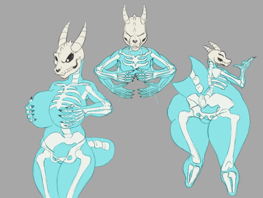 anthro bone breasts claws fangs female goo_creature goo_humanoid hi_res horn humanoid kobold lugen_kobold simple_background skeleton skeley solo wide_hips