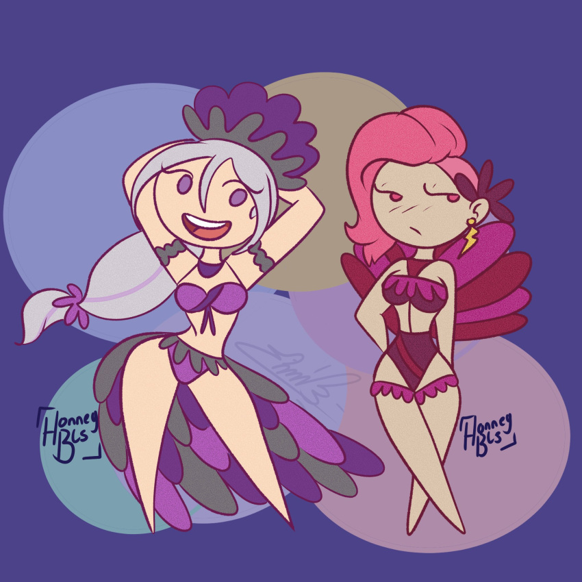 2girls bikini carnival fhs fhsz3r0 fnafhs fnafhs_z3ro fnafhsrule34 homerbls maggie_(fnafhs) mai_(fnafhs) multiple_girls pink_hair purple_eyes white_hair