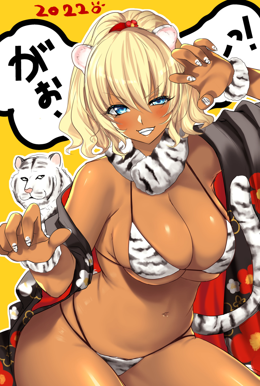 2022 absurdres animal_ears animal_print ayakichi bikini blonde_hair blue_eyes breasts chinese_zodiac dark-skinned_female dark_skin female female fingernails gyaru highres large_breasts looking_at_viewer nail_polish navel original print_bikini smile solo swimsuit tail tiger tiger_ears tiger_print tiger_tail white_tiger year_of_the_tiger