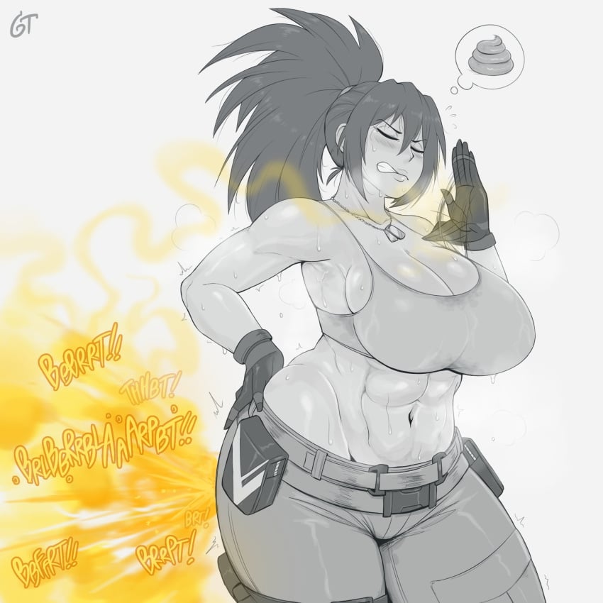 abs big_breasts blush breasts cleavage closed_eyes fanning_self fart fart_cloud fart_fetish farting female gassytank gastank huge_breasts king_of_fighters leona_heidern muscular_female snk sweat uncolored