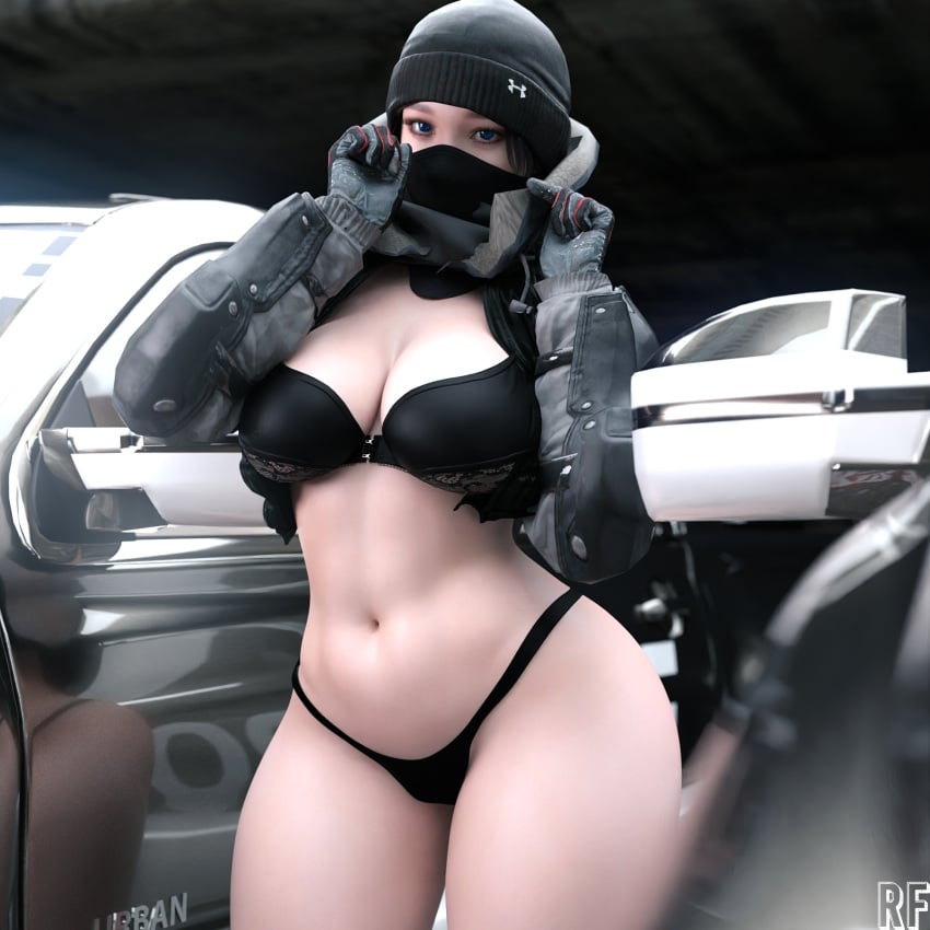 1girls 3d blender bra breasts cleavage female female_only frost_(rainbow_six) hi_res large_breasts panties rainbow_six rainbow_six_siege rude_frog solo thong underwear