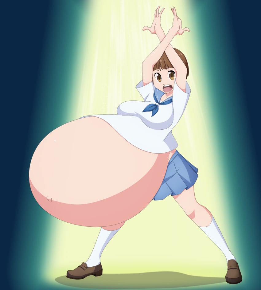 1girls arms_behind_head belly big_belly big_breasts breasts brown_hair female female_only huge_belly hyper_pregnancy kill_la_kill mankanshoku_mako pregnant saburox short_hair solo_female