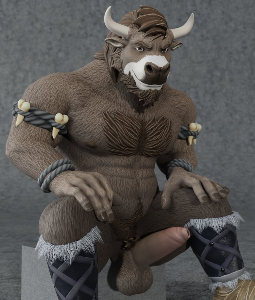 absurd_res anthro beard bodily_fluids bovid bovine brown_body brown_fur buruthebull cattle clothing facial_hair foreskin fur genitals hair hi_res horn male male/male mammal muscular muscular_male nipples nude pattern_background pecs penis rope simple_background smile smirk solo tuft