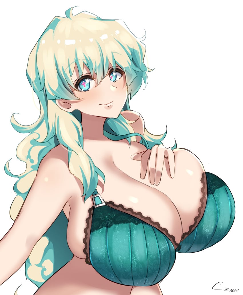 +_+ absurdres alternate_breast_size blonde_hair blue_eyes bra breasts cleavage enon1129 female green_bra highres huge_breasts long_hair nia_teppelin signature simple_background solo tengen_toppa_gurren_lagann underwear white_background