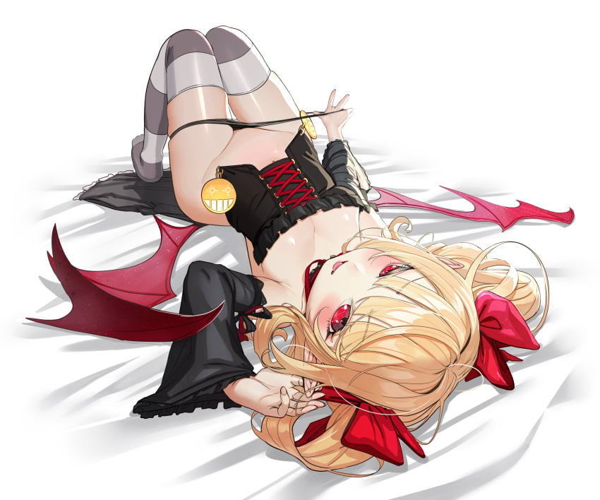 absurdres bat_wings bed bed_sheet black_panties blonde_hair breasts character_request cleavage corset detached_sleeves dungeon_and_fighter dungeon_fighter_online eyebrows_visible_through_hair fang_out fangs fangs_out female hair_ribbon highres large_breasts leggings looking_at_viewer low_wings lying mage_(dungeon_and_fighter) oerba_yun_fang on_back on_bed open_mouth panties pinion pointy_ears pulled_by_self red_eyes red_ribbon ribbon solo striped striped_legwear thigh_gap thighs tongue tongue_out twintails underwear wings