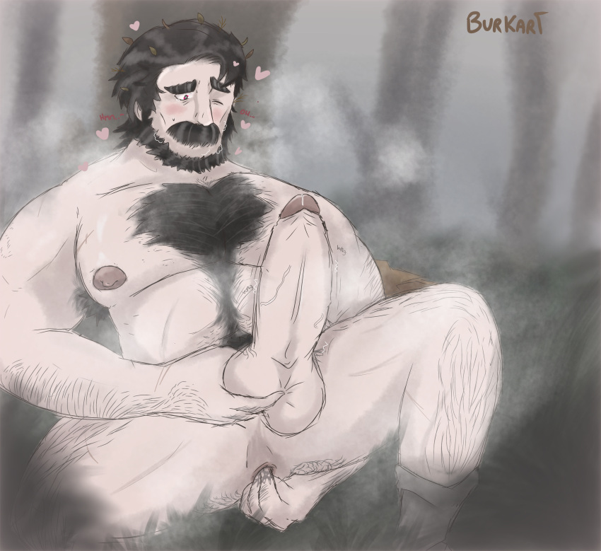 1boy bara blush body_hair burkart fingering forest gripping_cock identity_v male_only murro_(identity_v) old_man outdoors wildling_(identity_v)