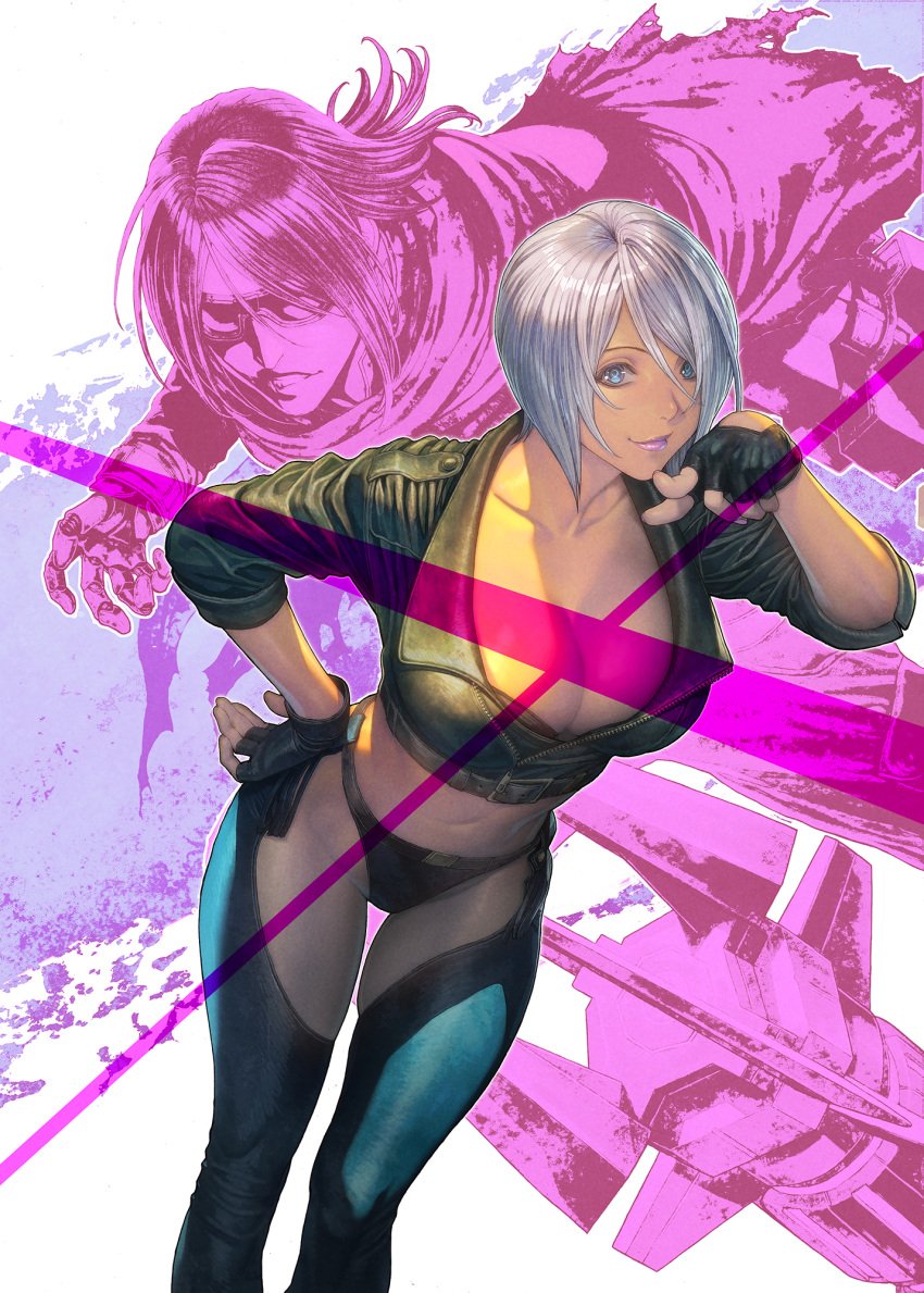 angel_(kof) bare_midriff black_panties blue_eyes breasts cleavage dark-skinned_female dark_skin fingerless_gloves ghost gloves homare_(fool's_art) king_of_fighters krohnen_(kof) large_breasts leaning_forward lipstick looking_at_viewer midriff midriff_baring_shirt panties pointing tagme white_hair