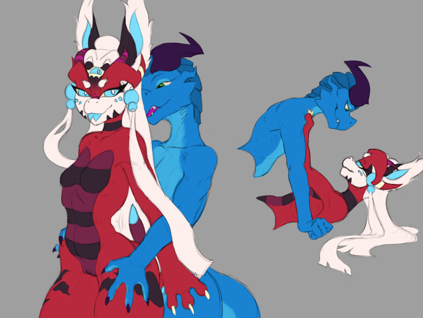 anthro ass big_ears breasts claws duo eye_contact female genitals hair hi_res horn kobold looking_at_another lugen lugen_kobold male male/female pussy scalie tongue tongue_out wide_hips