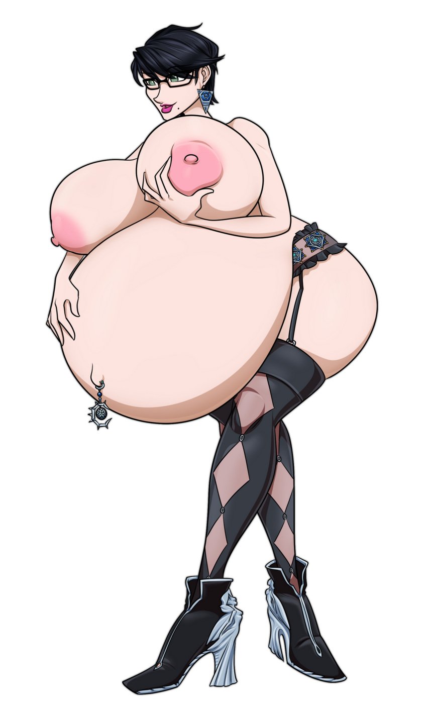 1girls ass bayonetta bayonetta_(character) belly big_ass big_belly black_hair breasts bubble_butt female glasses hyper hyper_pregnancy large_belly large_breasts navel_piercing nipples pregnant riddleaugust short_hair topless voluptuous