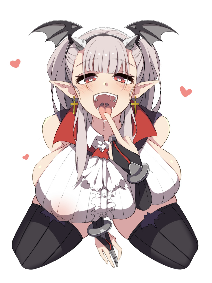 1girls :p absurdres ascot bangs black_legwear blunt_bangs blush breasts bridal_gauntlets center_frills covered_nipples cross cross_earrings draculina_(last_origin) earrings enon1129 eyebrows_visible_through_hair fake_horns fangs female frills heart heart-shaped_pupils highres horns huge_breasts jewelry kneeling last_origin leaning_forward light-skinned_female light_skin long_hair nipples pointy_ears red_eyes ribbed_legwear saliva shirt silver_hair simple_background sleeveless sleeveless_shirt solo symbol-shaped_pupils thighhighs tongue tongue_out two-tone_cape two_side_up vampire white_background wing_hair_ornament