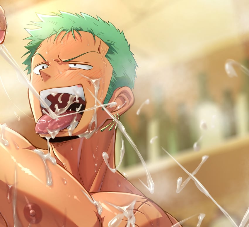 2boys bara blush bukkake cropped cum cum_in_mouth cum_inside cum_on_body cum_on_boy cum_on_face cum_on_pectorals cum_string cumdrip foreskin gangbang gay green_hair group_sex handjob highres long_sideburns male male_focus male_only multiple_boys muscular muscular_male nipples nude one_piece out-of-frame_censoring pectorals projectile_cum roronoa_zoro short_hair sideburns solo_focus stitches tongue tongue_out tsukikiba_ron yaoi