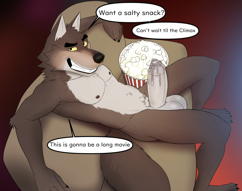 absurd_res anthro balls bodily_fluids canid canine canis dialogue dreamworks erection excessive_precum food foreskin furniture genital_fluids genitals grin hi_res humanoid_genitalia humanoid_penis looking_at_viewer male male_only mammal mr._wolf_(the_bad_guys) nude penis popcorn precum presenting presenting_penis reclining seyrmo sharp_teeth sitting smile sofa solo speech_bubble teeth the_bad_guys wolf yellow_sclera