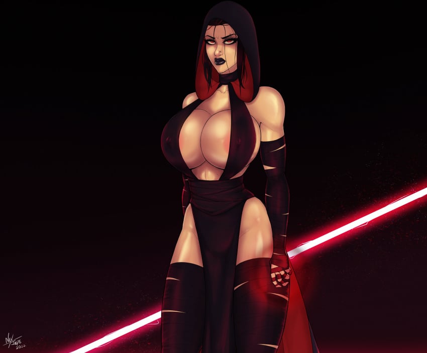 1girls 2d big_breasts bimbo busty cleavage double_bladed_lightsaber electronics female female_focus female_only fully_clothed hourglass_figure light-skinned_female lightsaber looking_at_viewer makeup medium_hair multicolored_hair nexjade red_lightsaber rey sith_empress sith_rey skimpy skimpy_clothes solo solo_female standing star_wars tagme weapon wide_hips