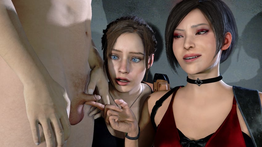 1boy 2girls 3d ada_wong blue_eyes bob_cut brown_eyes capcom claire_redfield confident erection faceless_male humiliation light-skinned_male nude_male_clothed_female one-finger_handjob penis resident_evil resident_evil_2 resident_evil_2_remake small_penis small_penis_humiliation surprised surprised_expression testicles uncensored yellowbea