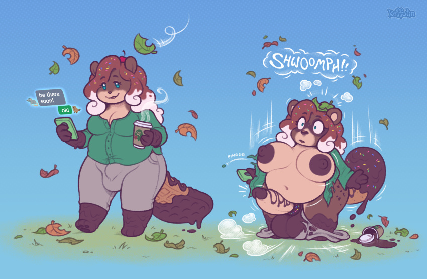 anthro areola balls beaver breasts bulge candy canid canine clothed clothing coffee_cup container cup dark_areola dessert erection food food_creature futanari genitals gynomorph hi_res intersex keffotin leaf living_candy mammal nipples overweight overweight_gynomorph overweight_intersex penis raccoon_dog rodent sequence short_stack shortstack solo sound_effects spilled_drink surprised_expression tanuki thick_thighs torn_clothing trans_woman transfem transformation