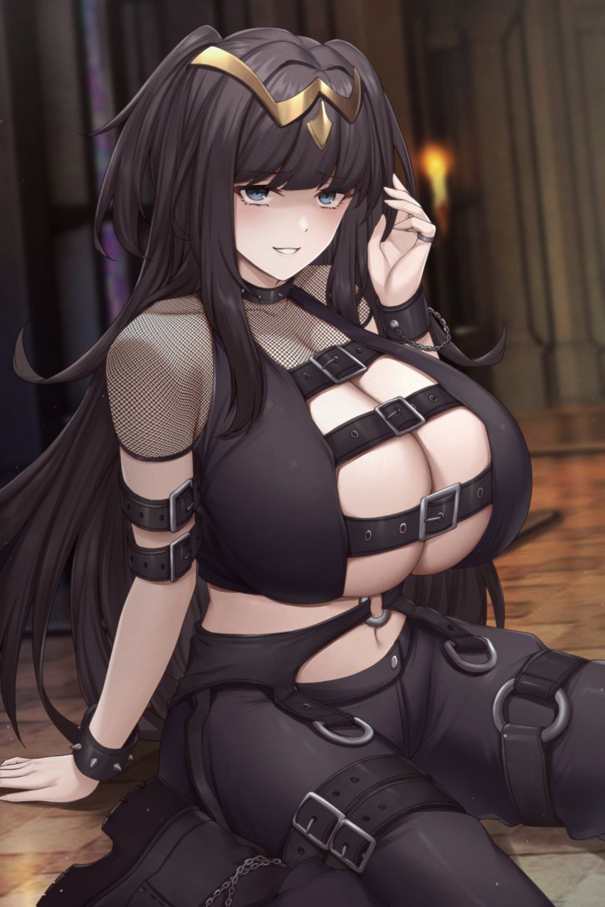 1girls 2022 alternate_breast_size black_clothing black_hair blue_eyes breasts cathedral cleavage clothed clothed_female female female_only fire_emblem fire_emblem_awakening fou_zi goth hair_ornament hi_res huge_breasts indoors long_hair looking_at_viewer nintendo paintcan sitting smile tharja_(fire_emblem)