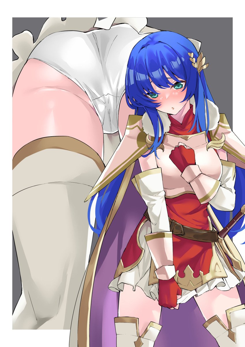 1girls absurdres armor ass ass_focus bare_thighs big_ass blue_eyes blue_hair blush breastplate caeda_(beloved_queen)_(fire_emblem) caeda_(fire_emblem) dress female female_only fire_emblem fire_emblem:_mystery_of_the_emblem fire_emblem:_shadow_dragon_and_the_blade_of_light fire_emblem_heroes from_below gloves highres long_hair looking_down miniskirt multiple_views nintendo official_alternate_costume panties pantyshot red_dress red_gloves short_dress shoulder_armor skirt skirt_tug thighhighs thighs underwear upskirt white_legwear white_panties white_skirt yuukauta zettai_ryouiki