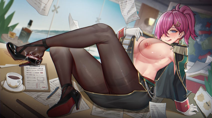 :q absurdres aiguillette azur_lane black_coat black_footwear black_jacket black_legwear black_skirt blue_eyes blurry blurry_background blush breasts coat coffee commentary crossed_legs ctrlz77 cum cum_in_shoe cum_on_clothes cum_on_legs earrings epaulettes female full_body gloves gold_trim hair_over_one_eye high_heels highres indoors jacket jewelry large_breasts looking_at_viewer military military_uniform miniskirt mole mole_on_breast nipples no_bra pantyhose pencil_skirt ponytail pulled_by_self purple_hair shoes sideboob skirt solo tongue tongue_out trieste_(azur_lane) uniform white_gloves