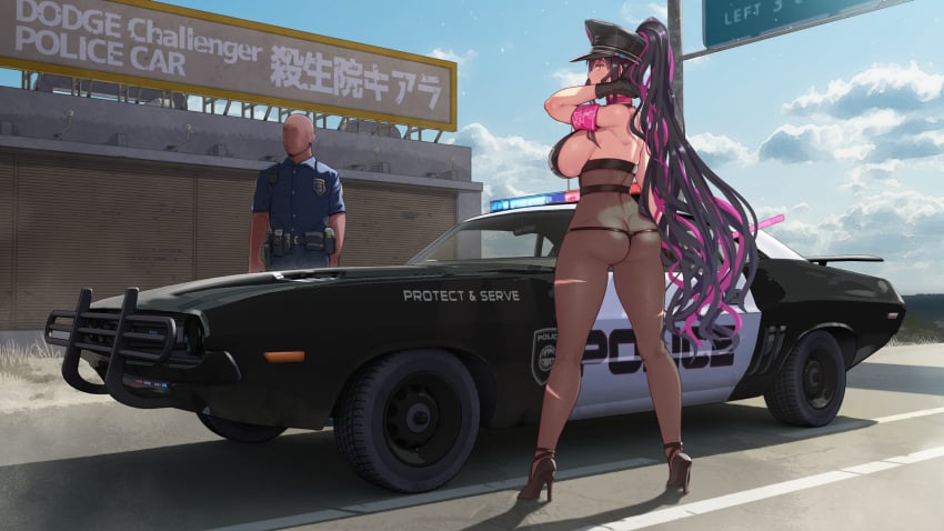 1boy 1girls abubu armband ass ass_cleavage bald bare_shoulders black_footwear black_gloves black_hair black_headwear black_legwear breasts butt_crack car dark-skinned_male dark_skin dodge_challenger fate/grand_order fate_(series) female from_behind full_body gloves ground_vehicle high_heels highres large_breasts motor_vehicle outdoors pantyhose police police_car police_uniform policeman ponytail sesshouin_kiara sesshouin_kiara_(swimsuit_mooncancer) sesshouin_kiara_(swimsuit_mooncancer)_(fate) sesshouin_kiara_(swimsuit_mooncancer)_(second_ascension) sky slutty_outfit solo_focus standing thighs uniform walkie-talkie