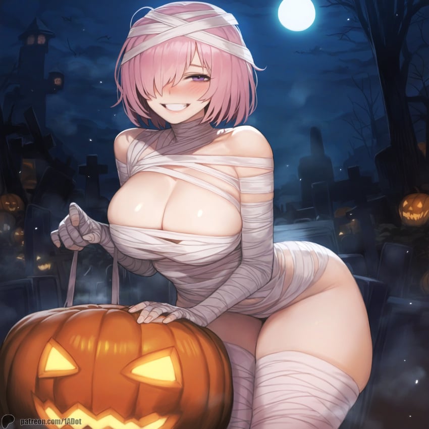 1-a_dot 1girls ai_generated bandages big_breasts breasts cleavage fate/grand_order fate_(series) female female_only grin halloween halloween_costume large_breasts mash_kyrielight mummy_costume pink_hair pumpkin purple_eyes short_hair smile solo thick_thighs thighs