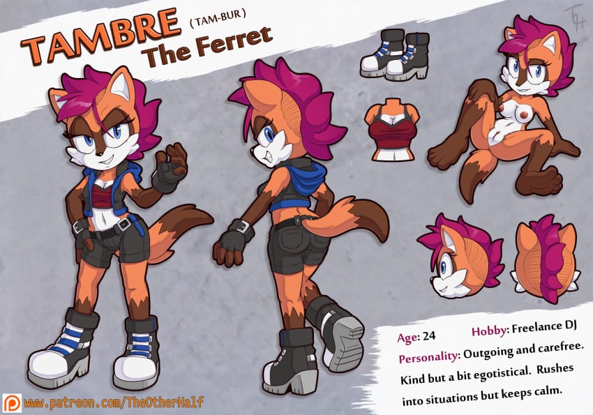 anthro areola ass breasts character_sheet clothed female ferret mustelid musteline nude pussy shorts sonic_(series) sonic_oc sonic_the_hedgehog_(series) tambre_the_ferret_(the_other_half) the_other_half vest weasel