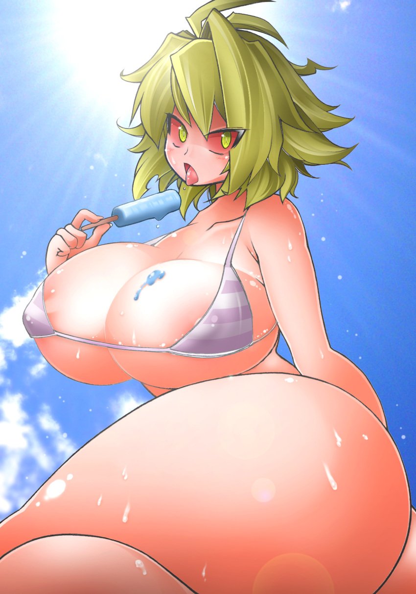 00s antenna_hair arcueid_brunestud ass ato_(bfj315) bikini blonde_hair blush breasts cleavage colored_sclera dripping female food highres huge_breasts lens_flare melty_blood micro_bikini popsicle red_arcueid red_sclera shiny_skin solo strap_gap sweat swimsuit tsukihime underboob yellow_eyes