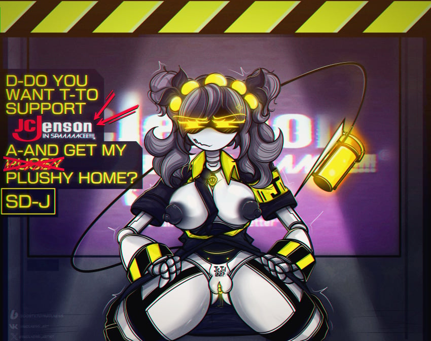 1girls acid background black_nipples breasts breasts_out female female_only glitch_productions grey_body grey_hair j_(murder_drones) madlness murder_drones nipples robot robot_girl shy sitting solo tail text wet yellow_eyes