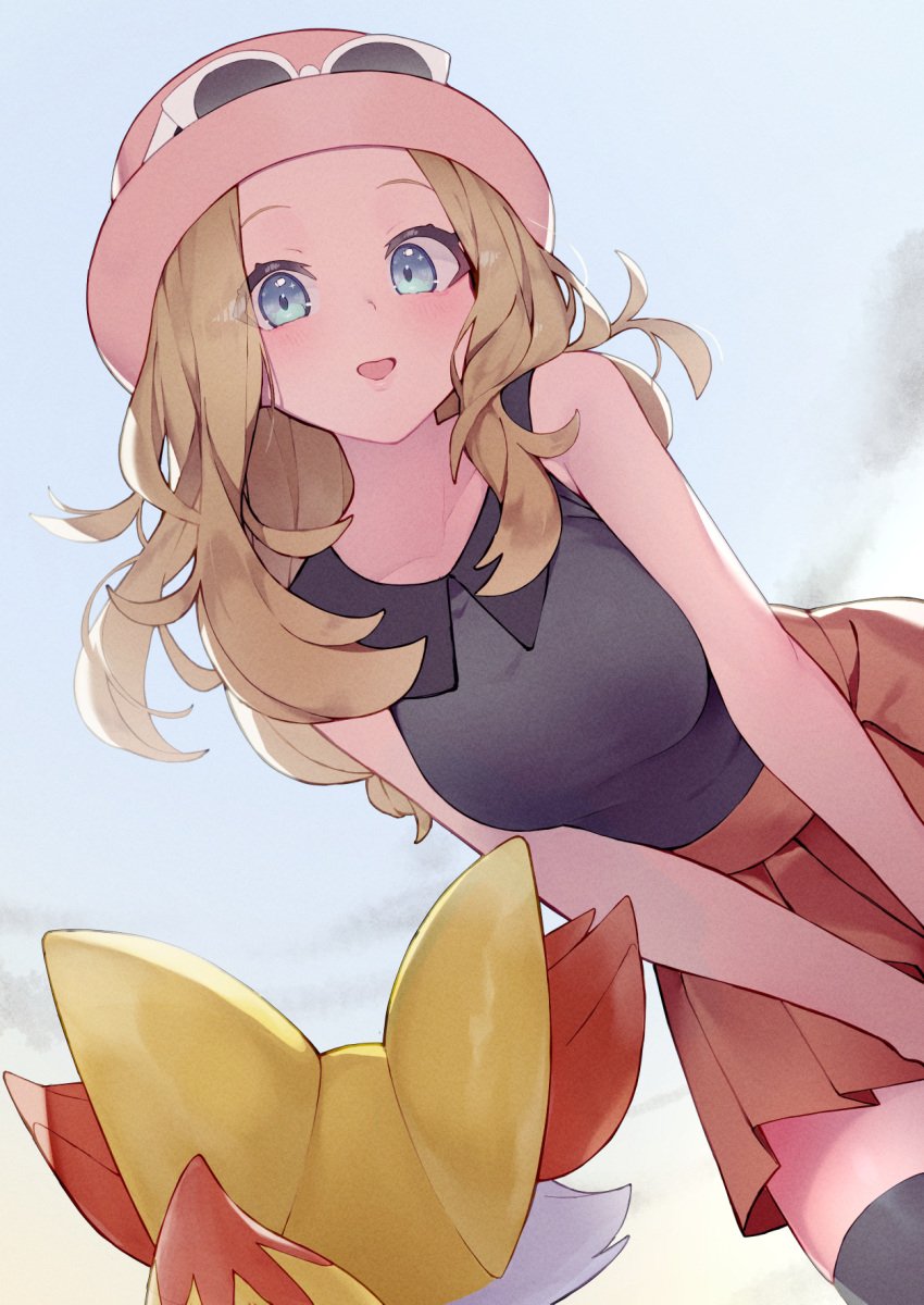 animal_ears bare_shoulders between_legs black_shirt black_thighhighs blonde_hair blue_eyes blush breasts collarbone eyewear_on_head female fennekin fox fox_ears fox_tail hand_between_legs highres leaning_forward looking_at_viewer medium_breasts nintendo pokemon pokemon_(creature) pokemon_xy red_skirt rindoriko serena_(pokemon) shirt skirt sleeveless sleeveless_shirt tail thighhighs white_background