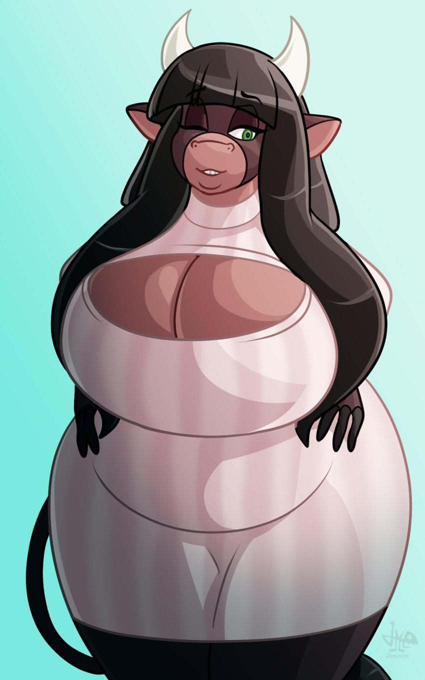 :3 anthro bangs black_hair blue_background bovid bovine brown_body cow cow_ears cow_horns cow_nose cow_tail eyelashes furry furry_female green_eyes hands_on_hips jamearts large_breasts large_female long_hair one_eye_closed simple_background slightly_chubby smile smiling summer_(jwinkz) tail thick_thighs wide_hips wink