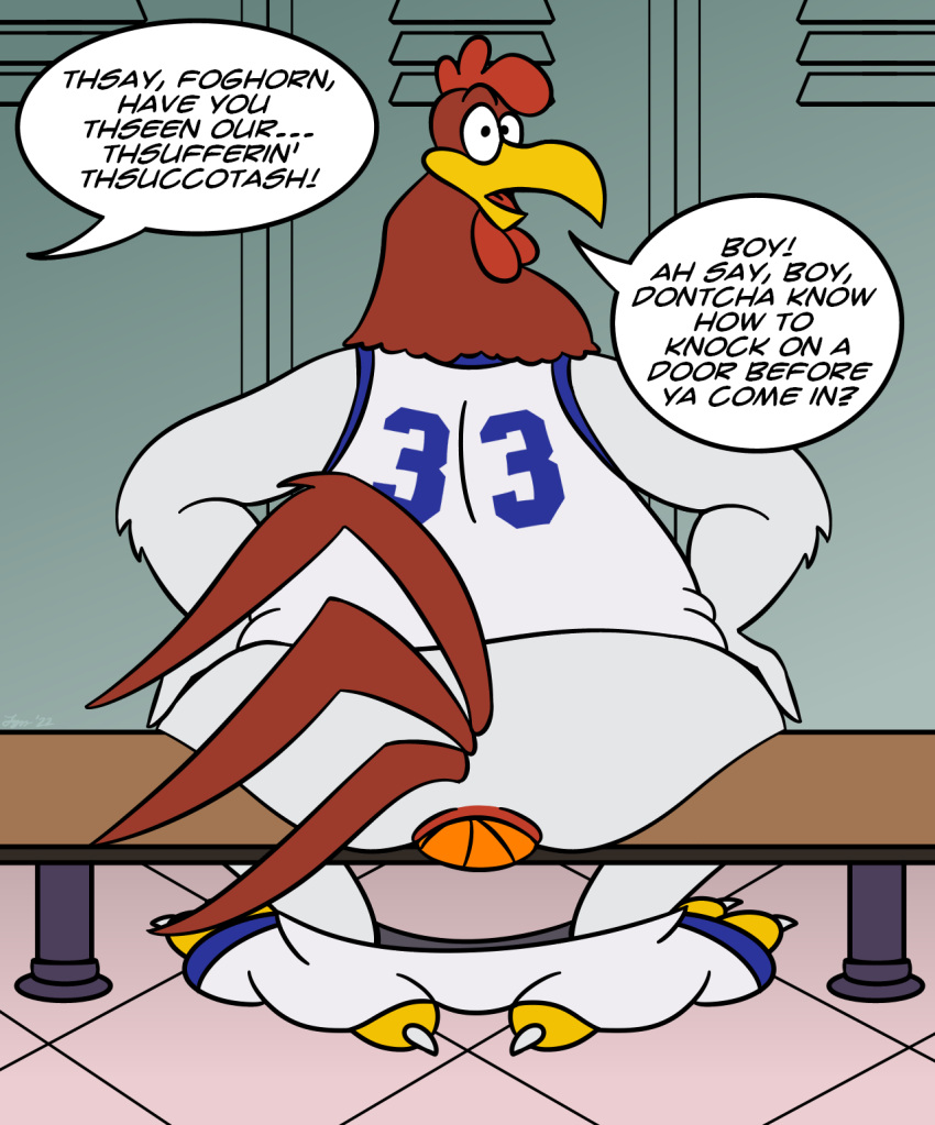 1boy anal anthro anthro_only anus ass avian ball ball_in_ass basketball_(ball) basketball_uniform beak big_butt bird bottomwear bottomwear_down caught chicken clothed clothing dialogue duo english_text feathers foghorn_leghorn galliform gallus_(genus) hi_res locker locker_bench locker_room looking_at_viewer looking_back looking_back_at_viewer looney_tunes male no_humans object_in_ass offscreen_character partially_clothed phasianid queeroftherooster rear_view shorts shorts_down solo_focus space_jam speech_bubble sportswear sylvester tail tail_feathers text uniform warner_brothers what