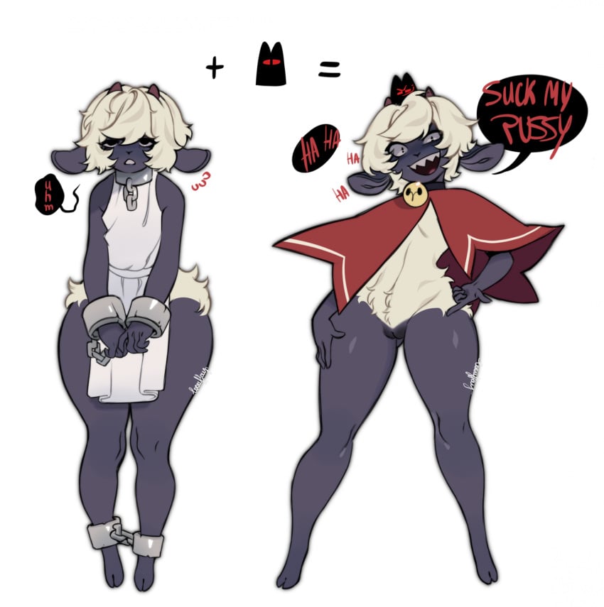 anthro assertive_female bell bell_collar black_body bovid cape caprine clothing cloven_hooves collar cuff_(restraint) cult_of_the_lamb english_text ewe female fur genitals gesture hair hand_gesture hi_res hooves horn lamb_(cult_of_the_lamb) louffay mammal massive_monster_(studio) multiple_images pointing pointing_at_self pussy red_cape red_clothing red_crown_(cult_of_the_lamb) restraints shackles sheep signature solo_focus text white_hair wool_(fur)