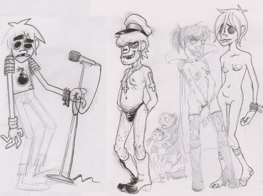 2d_(gorillaz) breasts cape female fishnets gorillaz hair hat human local-shop male monochrome murdoc_niccals navel nipples noodle_(gorillaz) nude nudity pants pussy rule_63 russel_hobbs shirt short_hair sketch socks standing upside_down_cross vulva