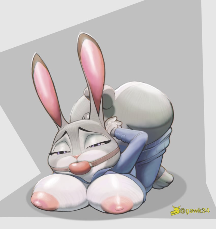 anthro arms_tied arms_tied_behind_back ass ball_gag big_breasts bondage bound breasts clothing disney female fur gag gawk34 grey_body grey_fur hands_behind_back hi_res judy_hopps lagomorph leporid looking_at_viewer mammal nipples purple_eyes rabbit solo zootopia