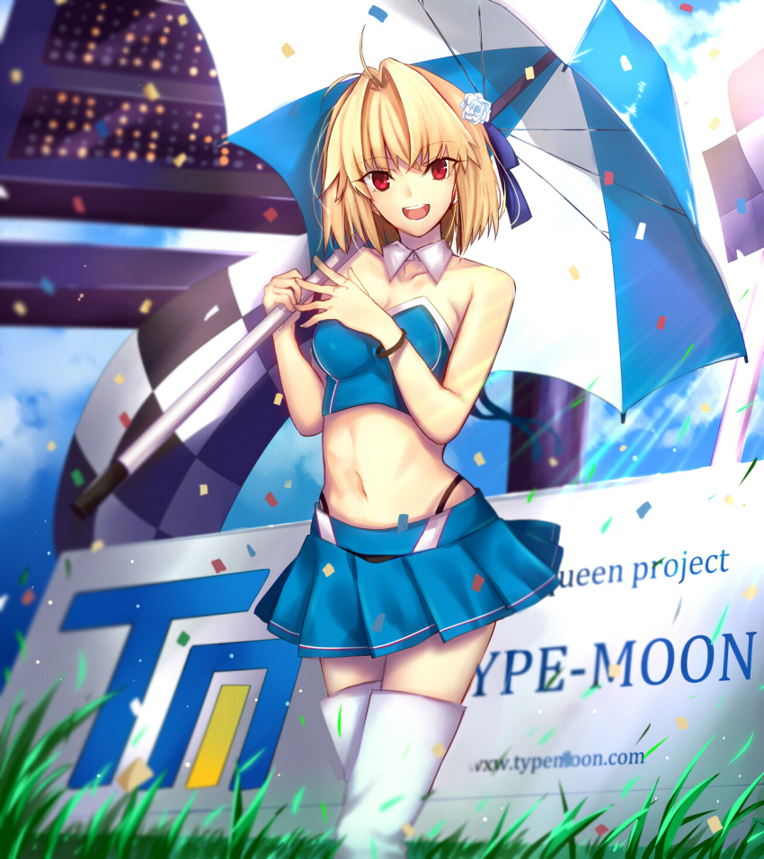 :d alternate_costume arcueid_brunestud black_panties blonde_hair blue_flower blue_rose blue_skirt blue_sky blue_tank_top blurry breasts cheerleader cleavage cloud confetti copyright_name depth_of_field detached_collar female flower grass hair_flower hair_intakes hair_ornament highres holding holding_umbrella iro_(sekaixiro) light_rays looking_at_viewer melty_blood midriff navel open_mouth outdoors panties red_eyes rose short_hair skirt sky smile solo stadium standing tank_top tsukihime type-moon umbrella underwear white_legwear