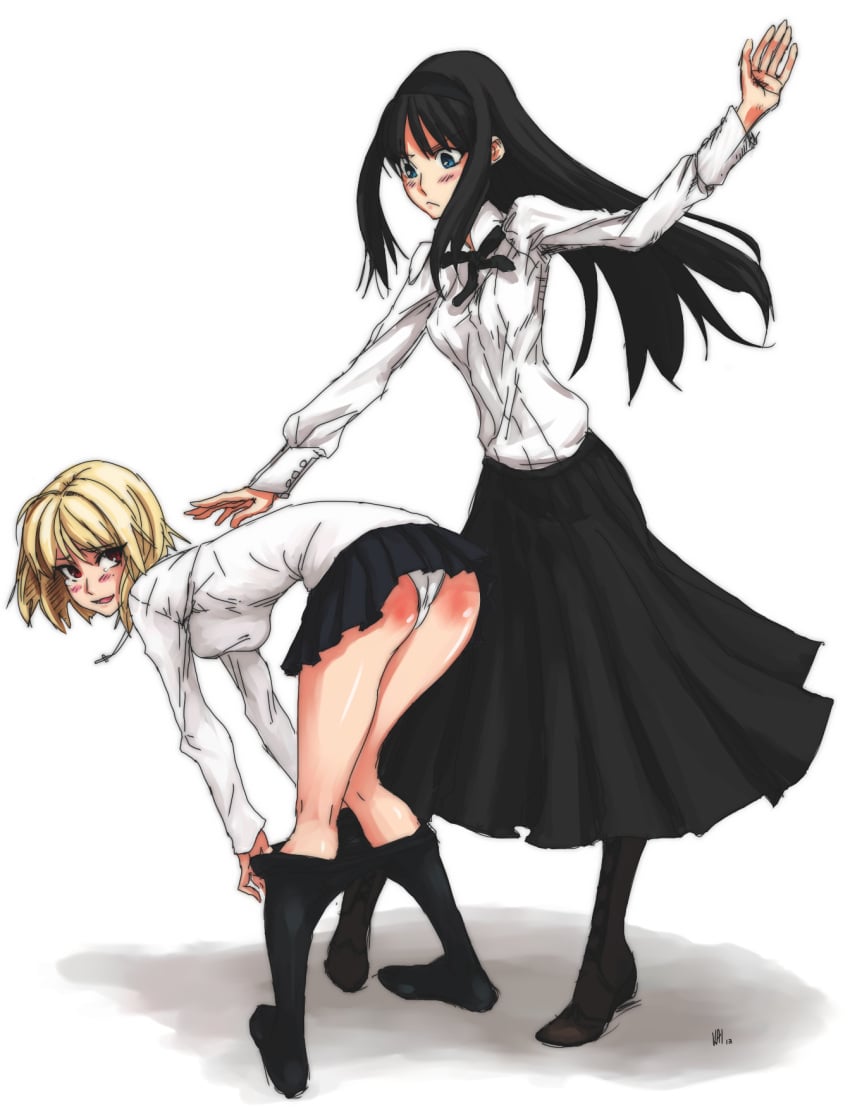 00s 2girls alternate_costume arcueid_brunestud ass bent_over black_hair black_legwear black_skirt blonde_hair blush breasts clothes_pull drawfag female_focus highres large_breasts long_hair long_skirt looking_back multiple_girls non-web_source panties pantyhose pantyhose_pull short_hair skirt smile spanked spanking tohno_akiha tsukihime underwear white_background