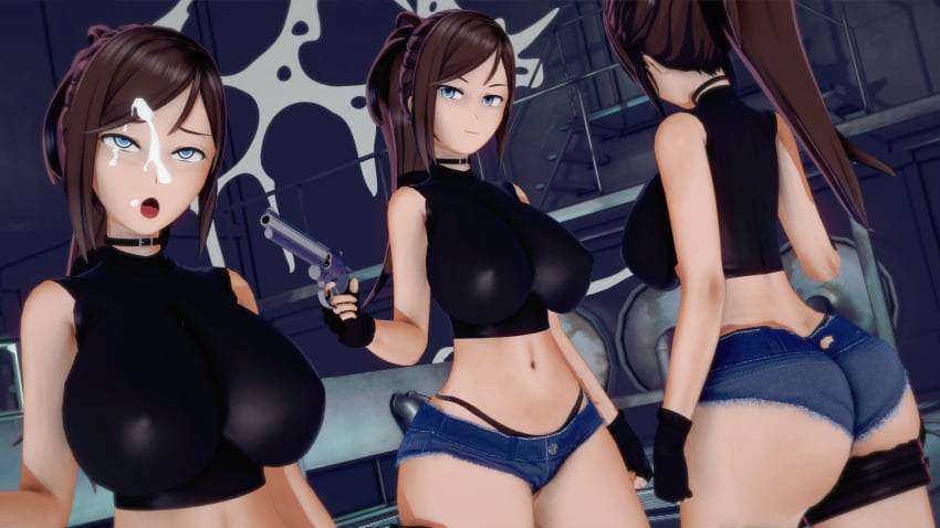 3d 3d_(artwork) big_ass big_breasts blue_eyes brown_hair bubble_butt character_sheet claire_redfield cum cum_on_face curvaceous curvy fat_ass hotpants huge_ass huge_breasts koikatsu large_ass large_breasts multiple_girls orgasm_face ponytail resident_evil resident_evil_2 sewer skimpy_clothes slutty_outfit takeo92