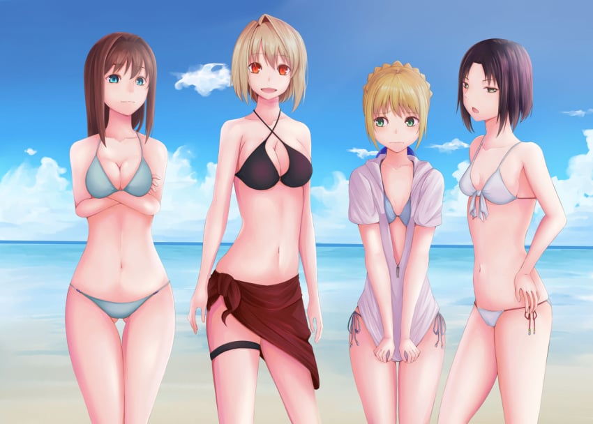 aozaki_aoko arcueid_brunestud artoria_pendragon_(all) artoria_pendragon_(fate) beach bikini black_bikini black_eyes black_hair blonde_hair blue_bikini blue_eyes breasts brown_hair fate/grand_order fate_(series) flat_chest green_eyes hip_focus kara_no_kyoukai large_breasts mahou_tsukai_no_yoru medium_breasts micro_bikini midriff navel red_eyes ryougi_shiki saber_(fate) shirt small_breasts swimsuit tied_shirt tsukihime white_bikini wide_hips