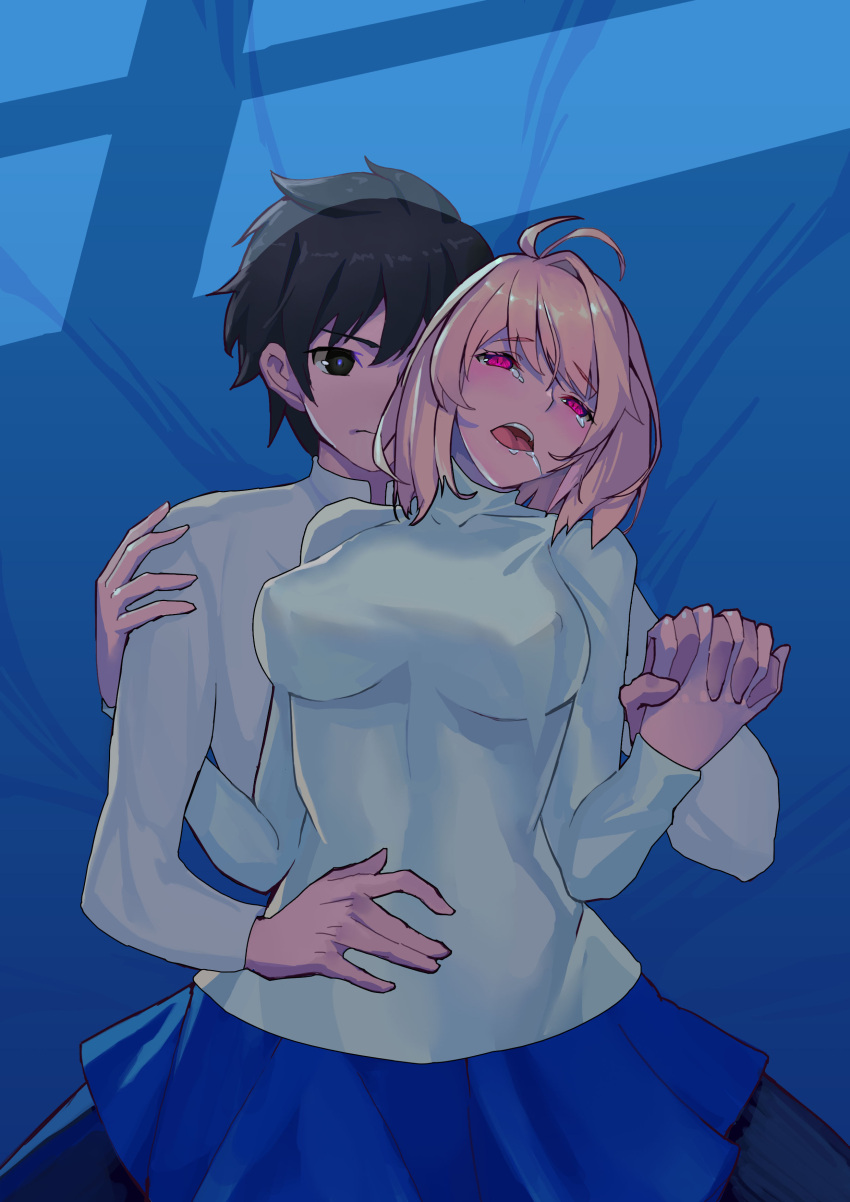 1boy absurdres arcueid_brunestud artist_request bed black_hair blonde_hair blue_skirt couple female highres holding_hands implied_sex lying night on_back red_eyes saliva shirt short_hair skirt thighhighs tohno_shiki tongue tongue_out tsukihime white_shirt