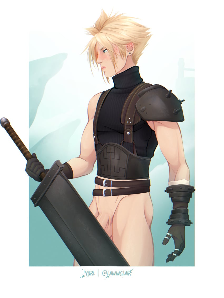 black_shirt blonde_hair blue_eyes buster_sword cloud_strife final_fantasy final_fantasy_vii gloves hiding lawwclair male male_only no_panties solo solo_male sword white_skin