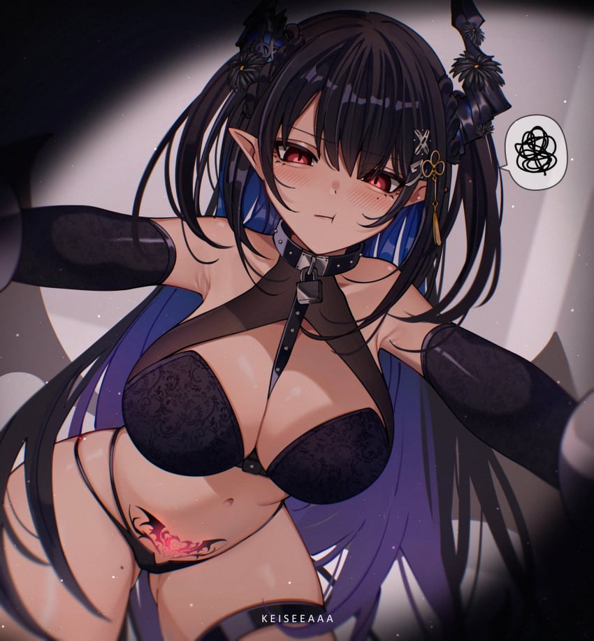 1girls choker compact_body frustrated glowing_tattoo harness hololive hololive_english hololive_english_-advent- keisea keiseeaaa large_breasts lingerie long_gloves nerissa_ravencroft pinned_down pinning_down pout pov squiggle succubus succubus_tattoo virtual_youtuber