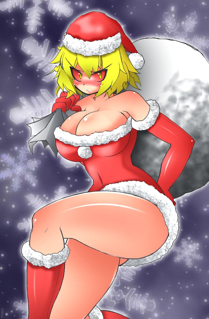 00s :< arcueid_brunestud ato_(bfj315) bare_shoulders blonde_hair blush boots breasts cleavage colored_sclera dress elbow_gloves female full-face_blush gloves hat highres huge_breasts melty_blood red_arcueid red_gloves red_sclera sack santa_costume santa_hat short_dress short_hair solo strapless strapless_dress tsukihime yellow_eyes