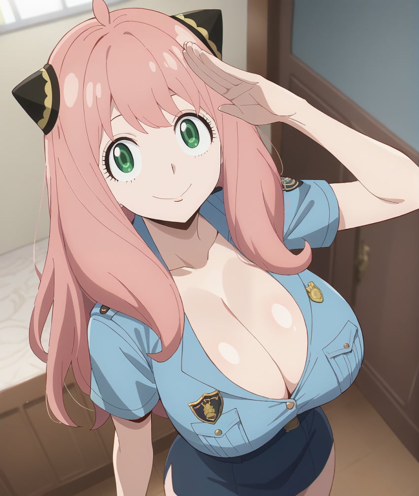 1girls aged_up ai_generated anya_forger ass big_breasts breasts cleavage clothing curvy curvy_figure green_eyes hand_up huge_breasts looking_at_viewer nai_diffusion neto_ai pink_hair police police_badge police_uniform policewoman salute skirt solo spy_x_family stable_diffusion