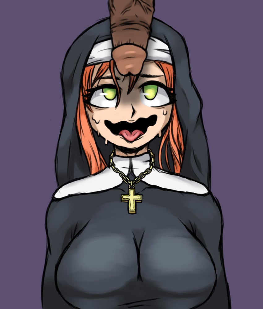 ahe_gao big_breasts big_penis black_penis cock_worship crucifix dark_pikchu green_eyes nun nun_costume penis_on_face red_hair sweat sweating tongue_out