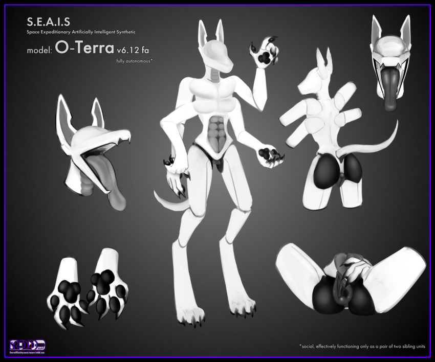 animal_genitalia animal_pussy anthro canid canine canine_genitalia canine_pussy digitigrade female gaping gaping_pussy genitals hi_res machine mammal masturbation model_sheet mouth_shot multi_arm multi_limb open_mouth pawpads paws plate pussy rdd.ua robot robot_anthro solo synthetic tongue tongue_out vaginal_masturbation vaginal_penetration visor white_body