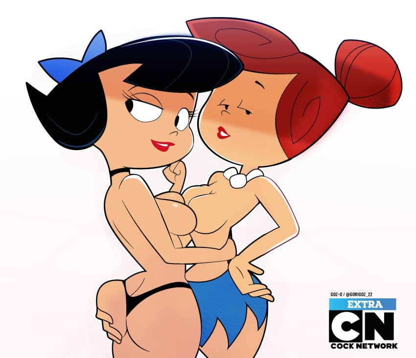 ass_grab betty_rubble boobs boobs_on_boobs cartoon_network cleavage gosgoz hair_bun hanna-barbera human lesbian looking_at_viewer necklace neighbors no_bra red_hair short_hair the_flintstones white_background wilma_flintstone wives yuri