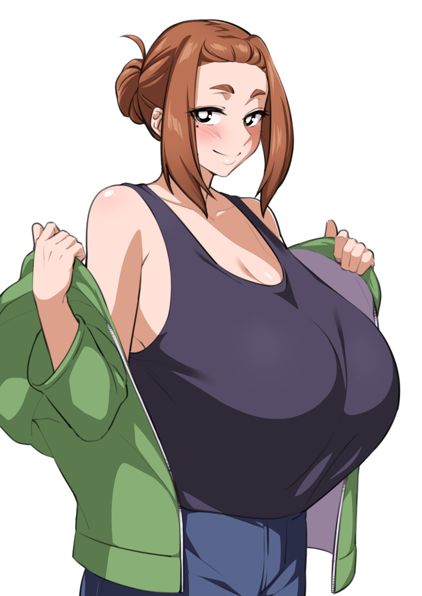 1girls big_breasts blush breasts brown_hair busty curvaceous curvy curvy_body curvy_female curvy_figure egoha. female huge_breasts kaii_to_otome_to_kamikakushi large_breasts mole mole_under_eye smile smiling sumireko_ogawa voluptuous white_background