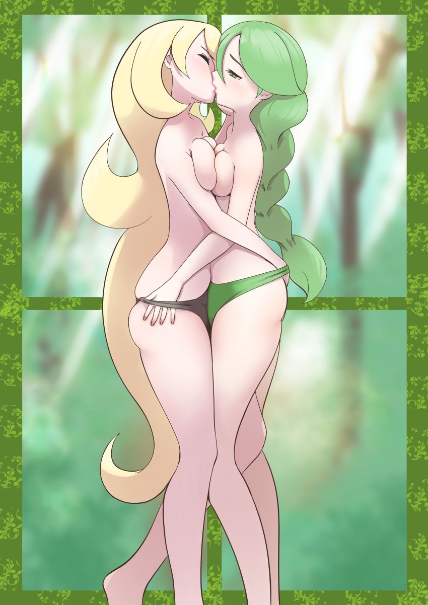 2girls ass_grab blonde_hair breasts cheryl_(pokemon) cynthia_(pokemon) female female_only game_freak green_hair human human_only kissing microsd_(artist) multiple_girls naked_panties nintendo panties pokemon pokemon_dppt yuri